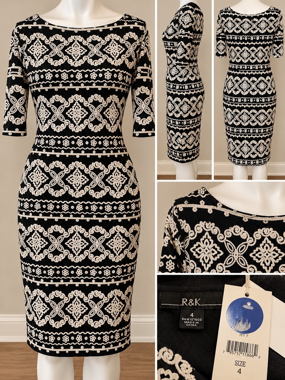 R&K Black and Cream Patterned Sheath Dress